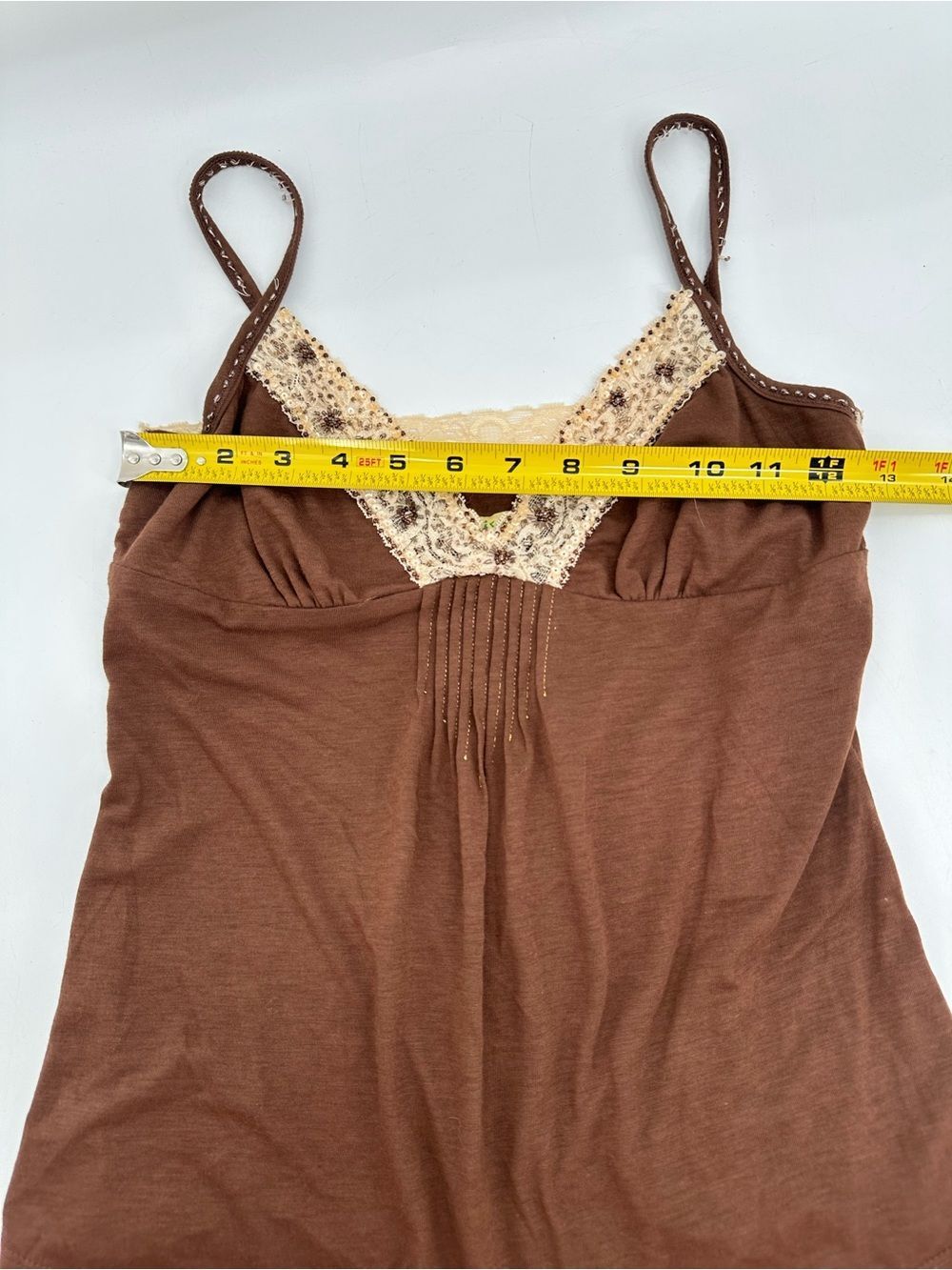 Y2K Brown Beaded Lace Trim Cami Tank Top Womens Small Boho Cottagecore - Picture 10 of 10